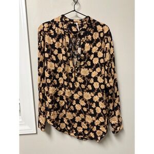 Free People Black‎ Gold Floral Print Band Collar Tie Neck Long Sleeve Blouse XS